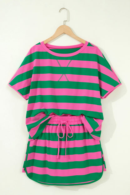 Yellow Stripe Dolman Tee Drawstring Skort Athletic 2pcs Set