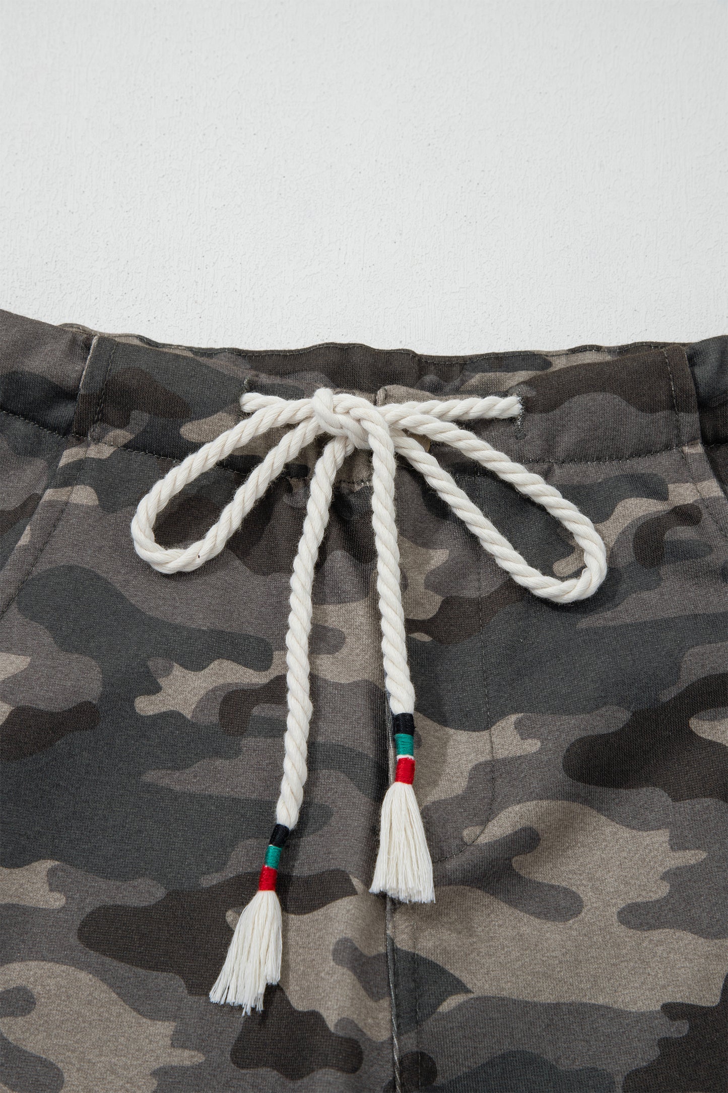Khaki Camouflage Print Striped Side Panel Patchwork Drawstring Pants