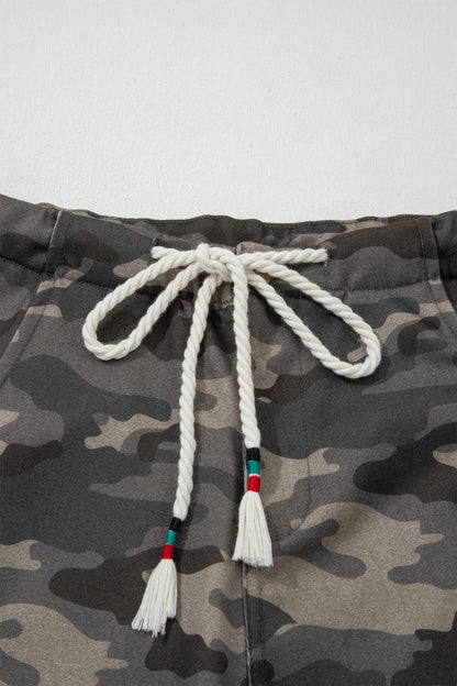 Khaki Camouflage Print Striped Side Panel Patchwork Drawstring Pants