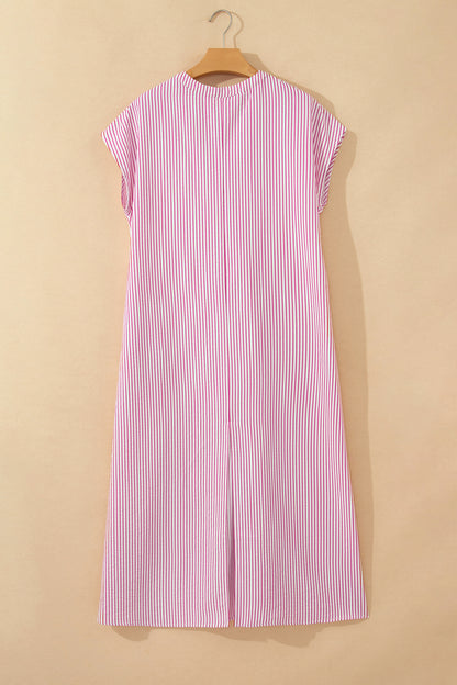 Red Stripe Frilled Detail Half Buttons Short Sleeve Long Dress