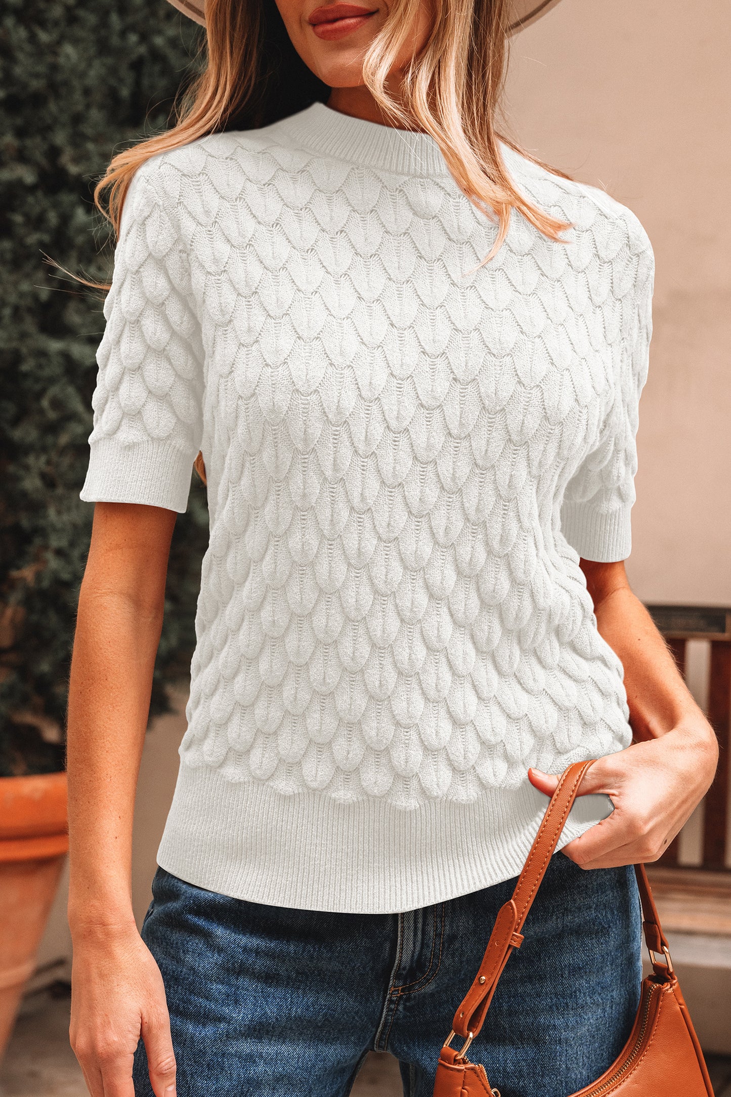 Straw Yellow Fish Scale Textured Knit Ribbed High Neck Short Sleeve Sweater