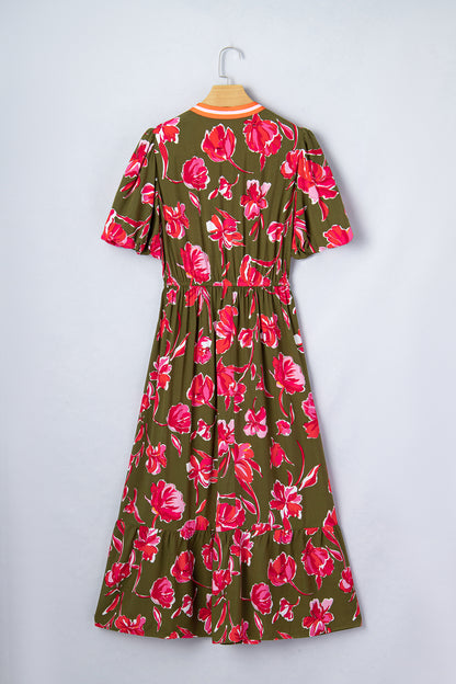 Green Floral Print Striped Trim Split Neck Short Puff Sleeve Ruffle Hem Maxi Dress