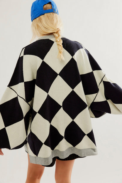 Pink Stripe Colorblock Drop Shoulder Buttoned Loose Cardigan