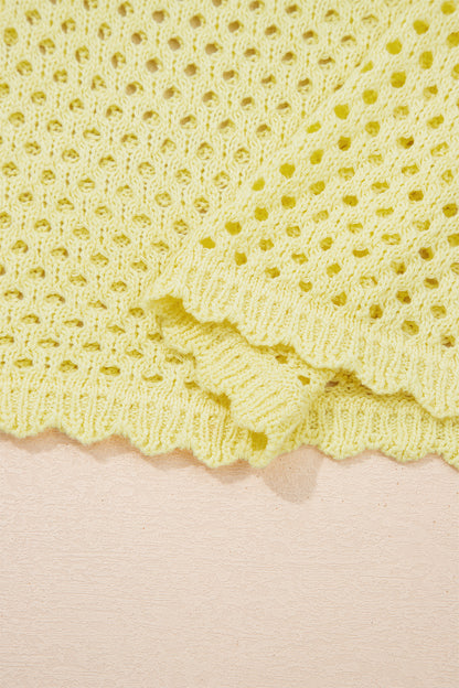 White Scalloped Trim Hollow Out Knit Long Sleeve Top