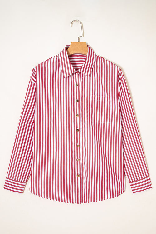 Red Stripe Patched Pocket Side Slit Loose Shirt