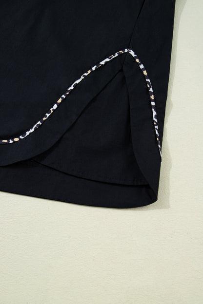 Black Leopard Trim Notched Neck Short Puff Sleeve Shift Mini Dress