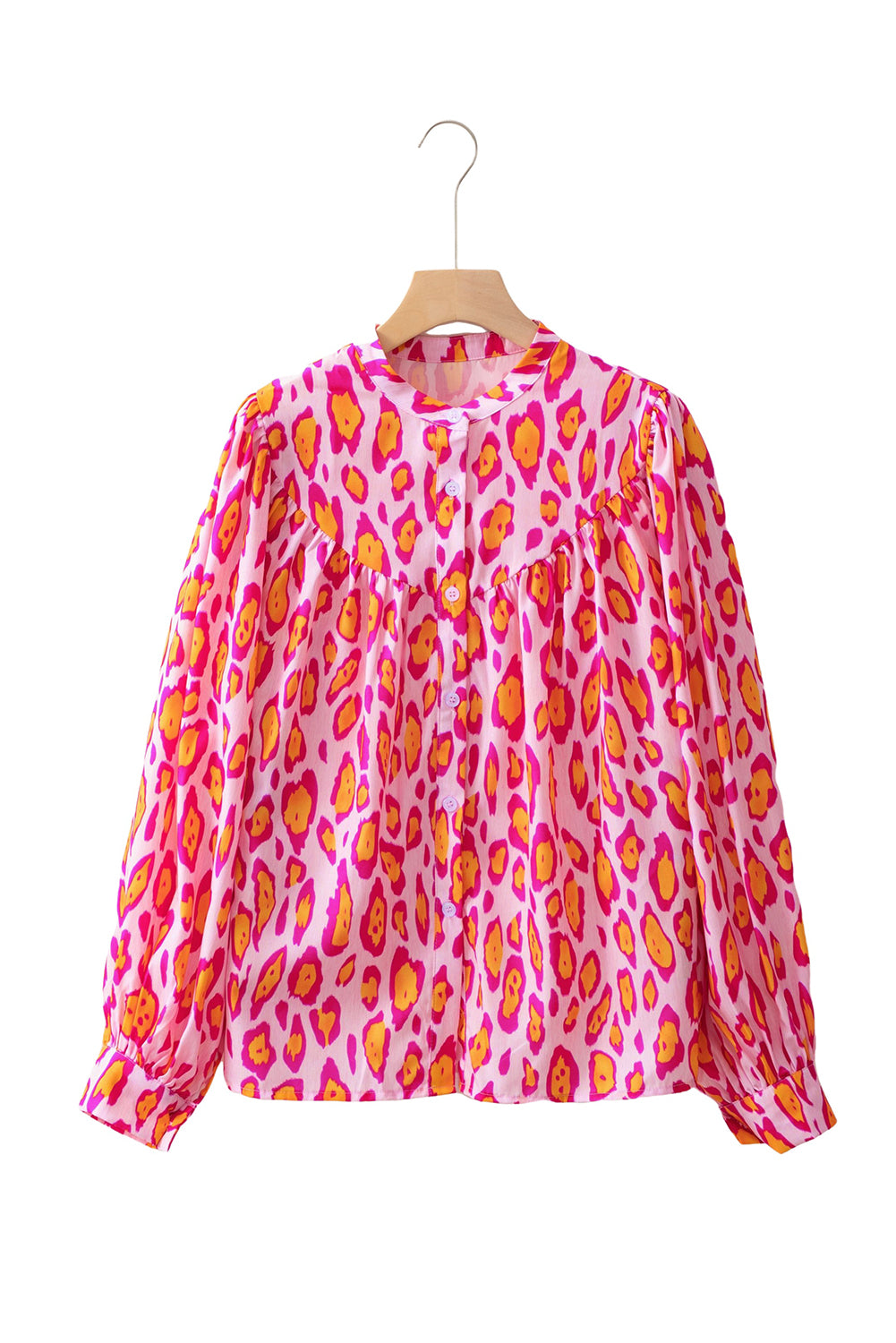 Light French Beige Oversized Leopard Print Balloon Sleeve Casual Shirt