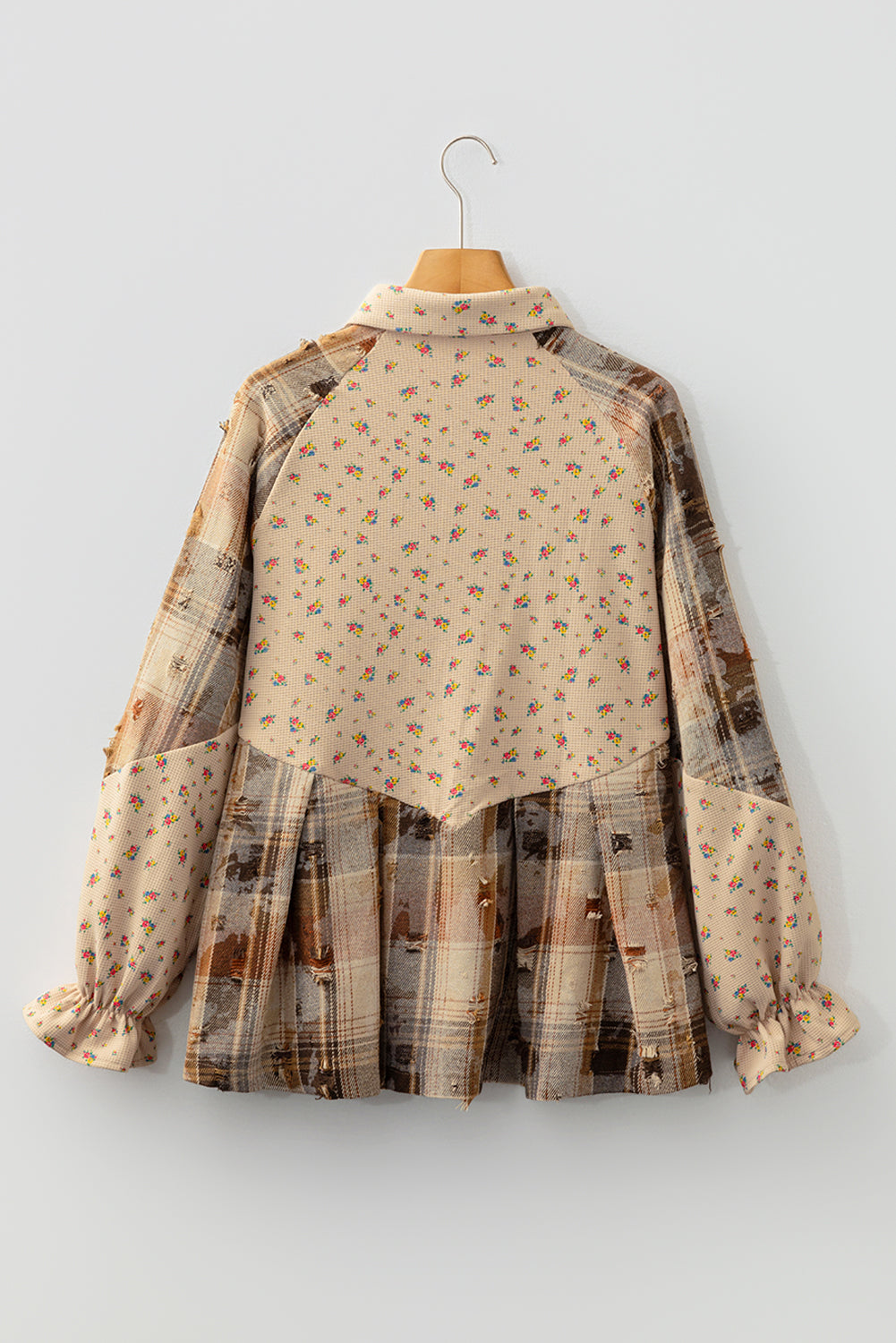 Ashleigh Blue Boho Floral Plaid Patchwork Distressed Detail Ruffled Sleeve Waffle Knit Shacket