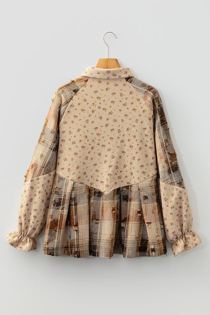 Ashleigh Blue Boho Floral Plaid Patchwork Distressed Detail Ruffled Sleeve Waffle Knit Shacket