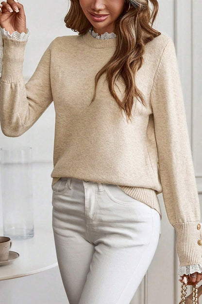 Jet Stream Lace Trim Patchwork Buttoned Cuffs Loose Sweater