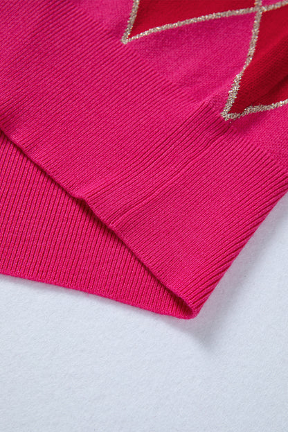 Rose Red Glitter Rhombus Pattern Knit Womens Casual Sweater