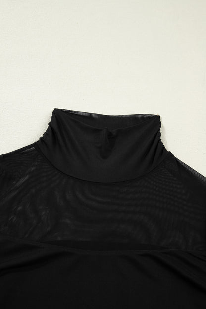 Coffee Sheer Mesh Patchwork High Neck Long Sleeve Top