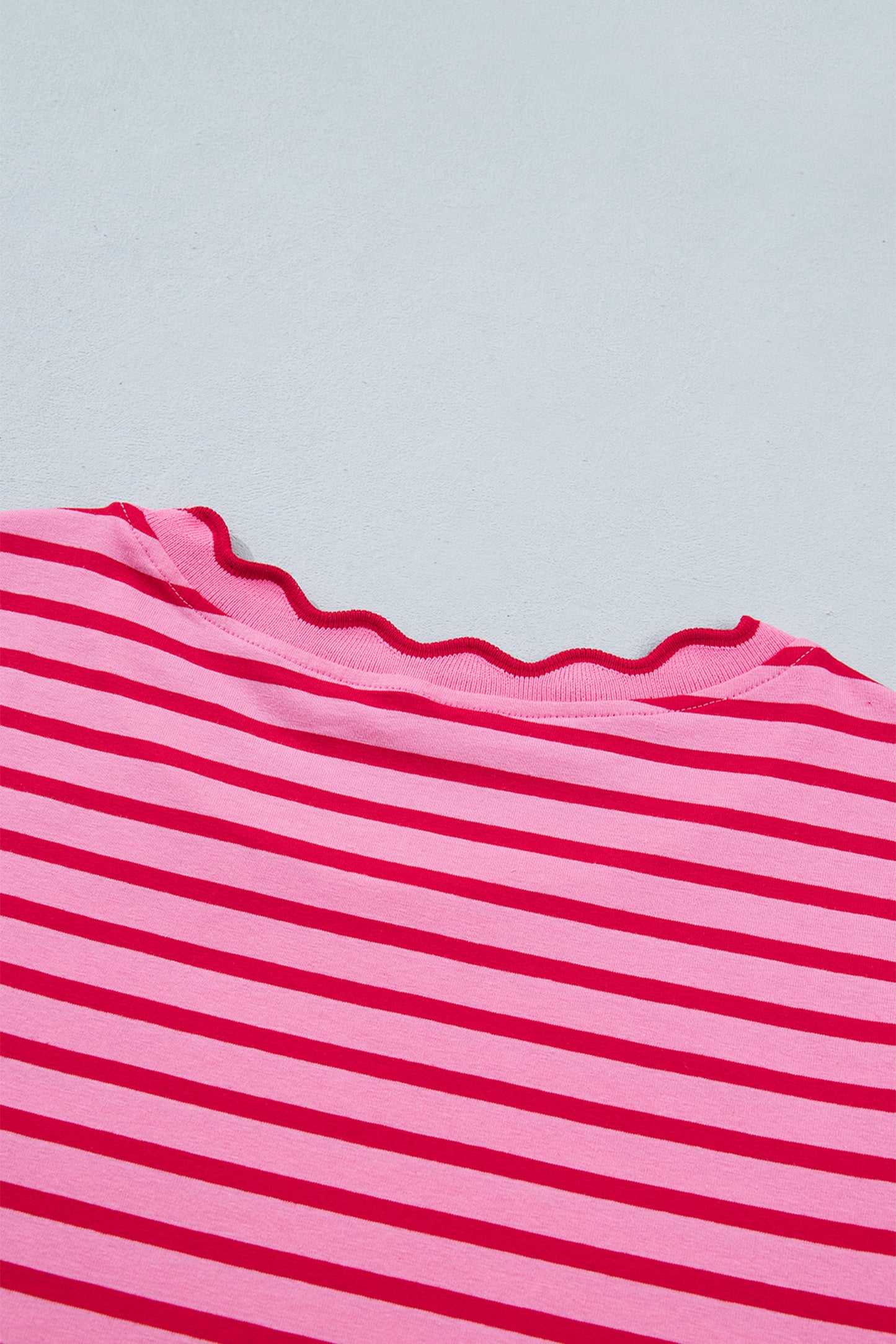 Green Stripe Scalloped Trim Round Neck T Shirt