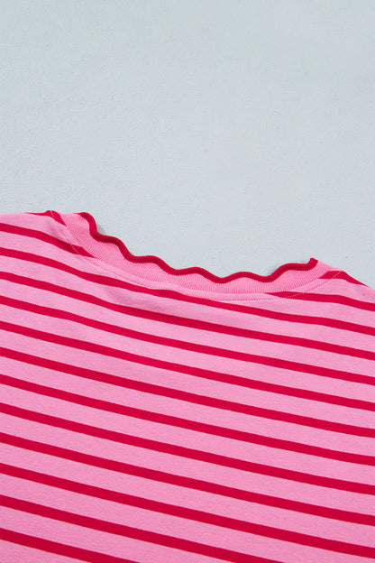 Green Stripe Scalloped Trim Round Neck T Shirt