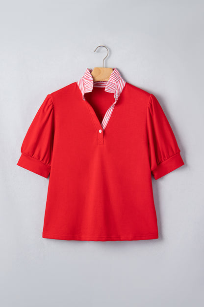 Sky Blue Striped Frilled Collar Short Sleeve Blouse