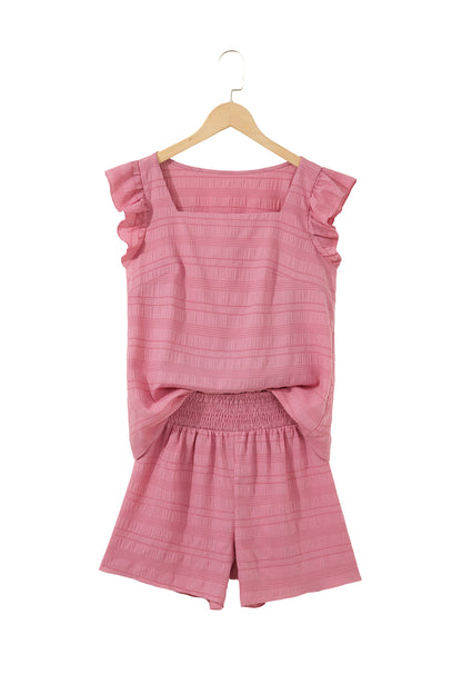 Fiery Red Textured Square Neck Top and Shirred High Waist Shorts Set