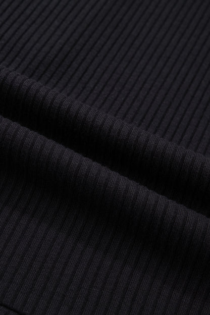 Black Ribbed Knit Contrast Denim Patchwork Hooded Long Sleeve Top