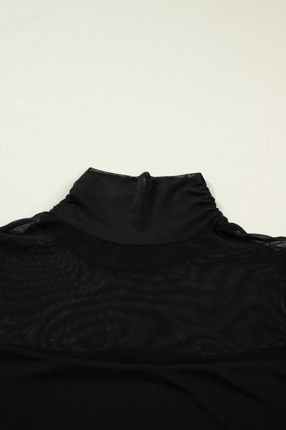 Coffee Sheer Mesh Patchwork High Neck Long Sleeve Top