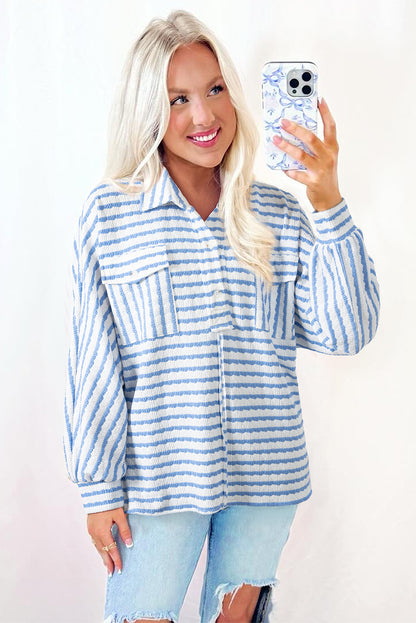 Sky Blue Stripe Half Button Collared Chest Pockets Loose Fit Blouse