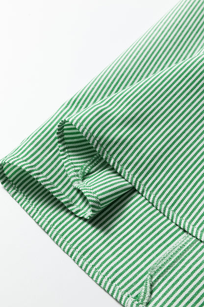 Mint Green Striped Print Collared Split Neck Half Sleeve Blouse