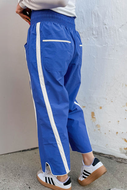 Bright Green Contrast Striped Smocked Waist Drawstring Cropped Casual Pants