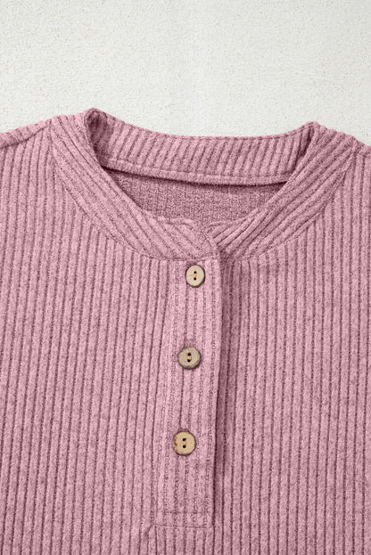 Clearly Aqua Ribbed Texture Drop Shoulder Henley Knit Top