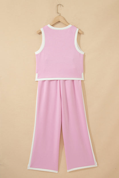 Pink Colorblock Trim Cropped Tank Elastic Waist Shift Pants 2pcs Set