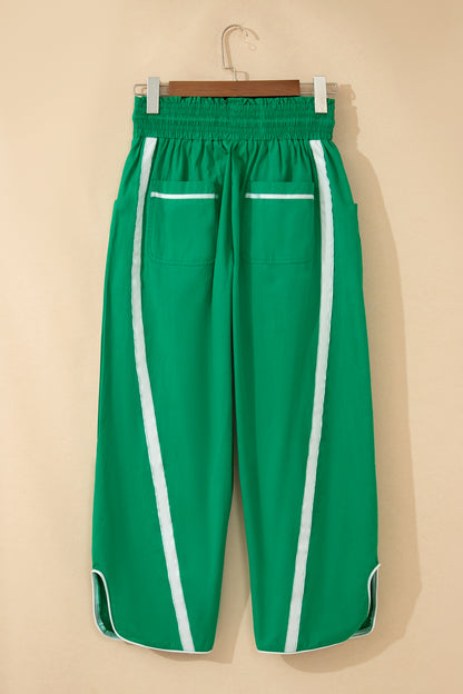 Bright Green Contrast Striped Smocked Waist Drawstring Cropped Casual Pants