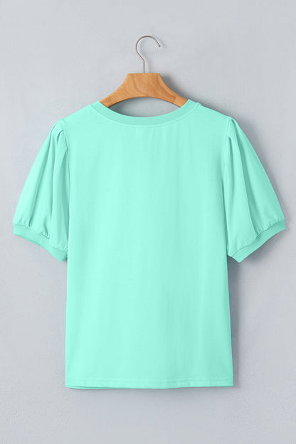 Mint Green Solid Color V Neck Short Puff Sleeve Blouse