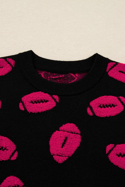 Black Rugby Print Casual Knit Short Sleeve Sweater