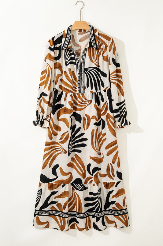 White Plus Size Abstract Print Contrast Collar Split Neck Shift Long Dress