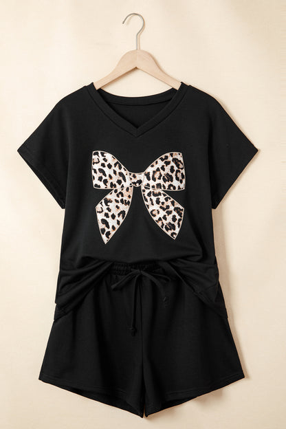 White Contrast Leopard Bow Patched V Neck Loose Tee Drawstring Shorts 2pcs Outfit