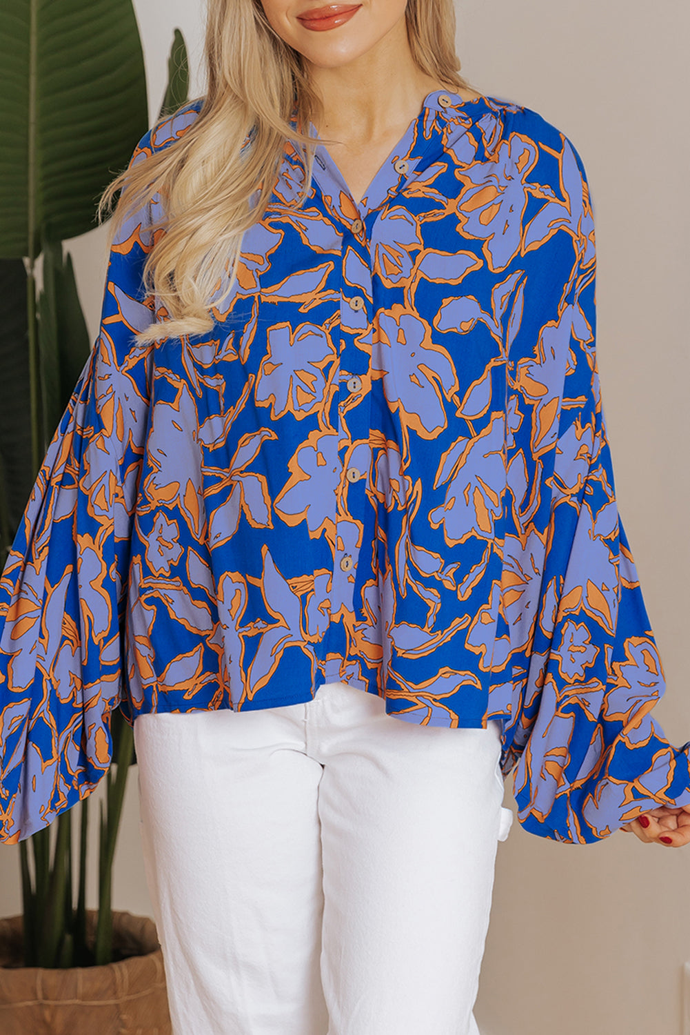 Rose Floral Print Batwing Sleeve Buttoned Loose Fit Shirt