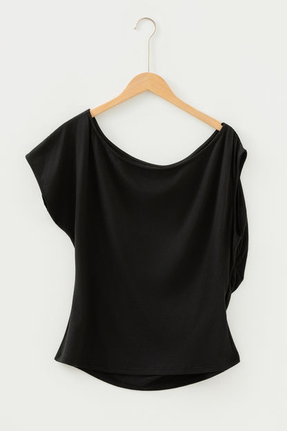 Gossamer Pink Plus Size Solid Color Asymmetric Neck Short Sleeve Blouse