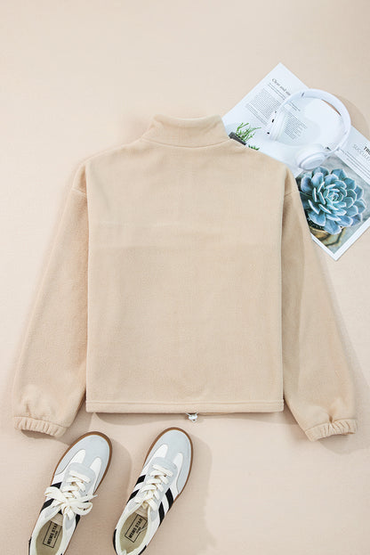Parchment Fleece Colorblock Patchwork Zipped Neck Pullover Sweatshirt