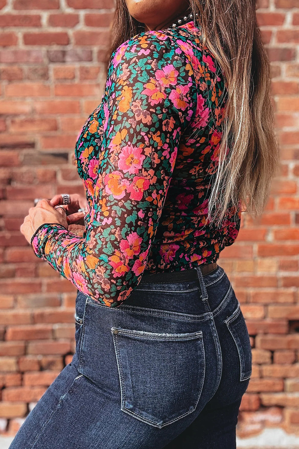 Pink Slim Fit Floral Mesh Long Sleeve Mock Neck Top