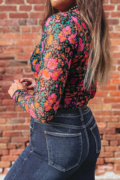 Pink Slim Fit Floral Mesh Long Sleeve Mock Neck Top