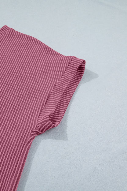 Pitaya Pink Twisted Ribbed Loose Tee Drawstring Elastic Waist 2pcs Short Set