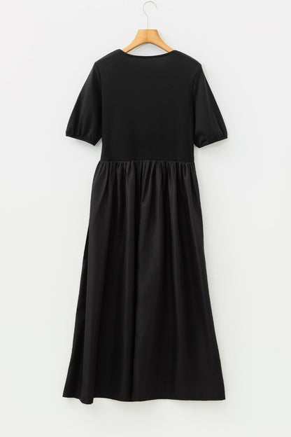 Black Short Sleeve Knit Top Patchwork Pleated Long Dress