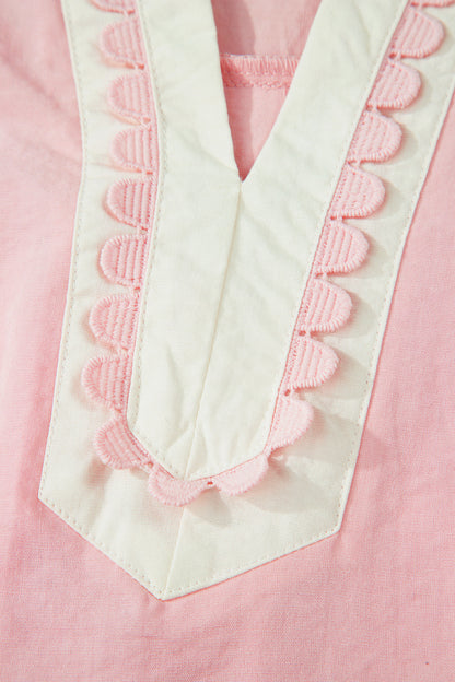 Light Pink Scallop Color Block Trim Puff Sleeve Mini Dress