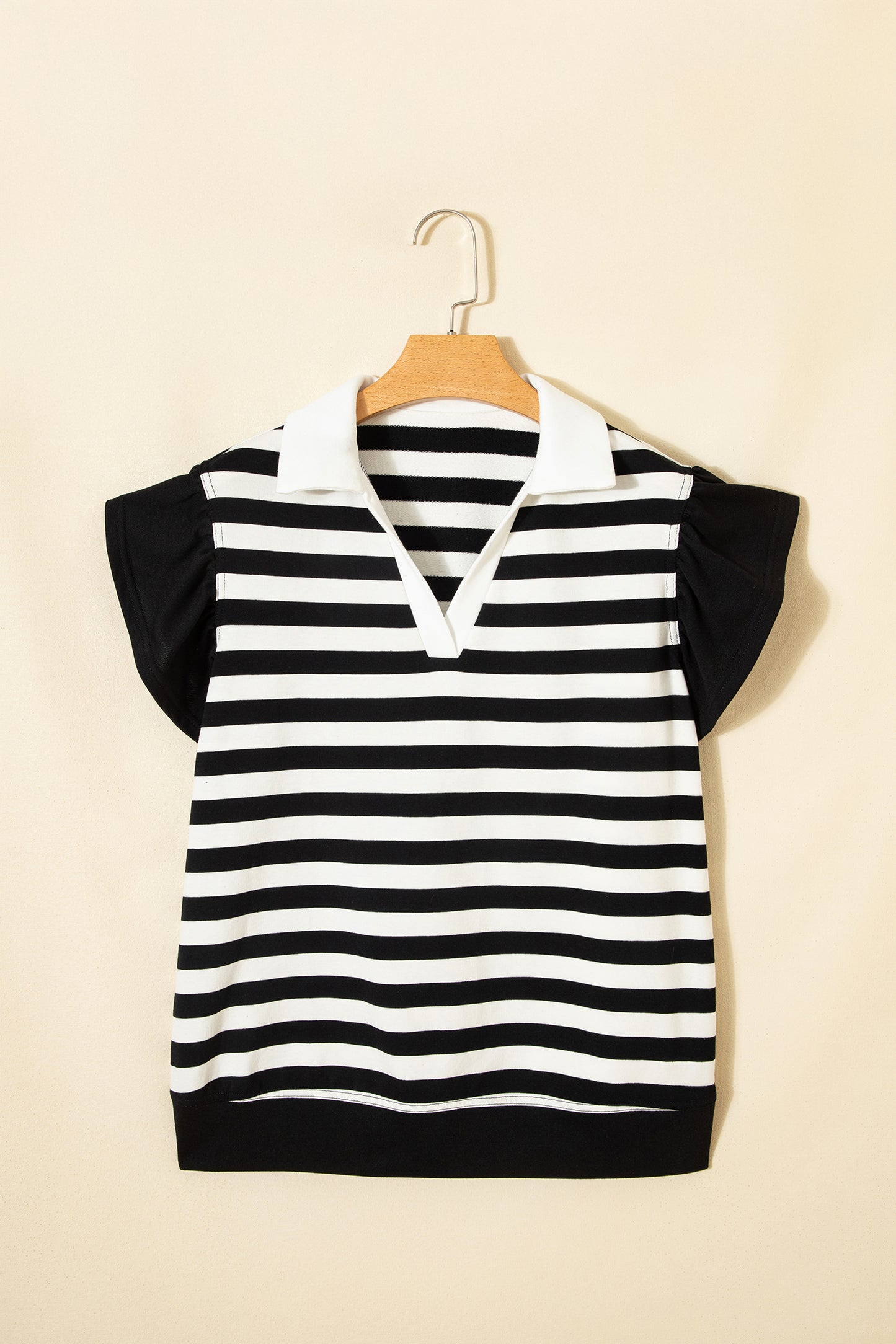 Green Stripe Collar V Neck Ruffled Short Sleeve Blouse