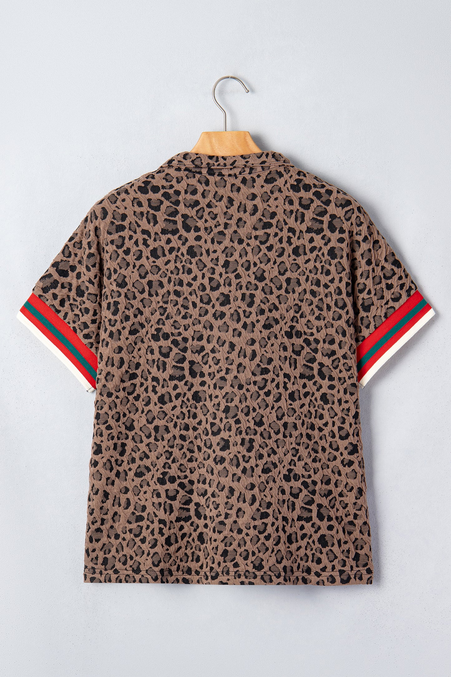 Brown Leopard Jacquard Striped Patchwork Half Zip Short Sleeve Blouse