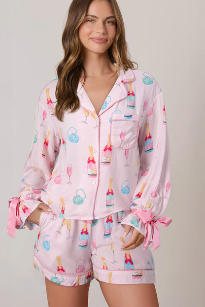 Color black Christmas Wine Glass Print Bow Knot Two Piece Pajama Set