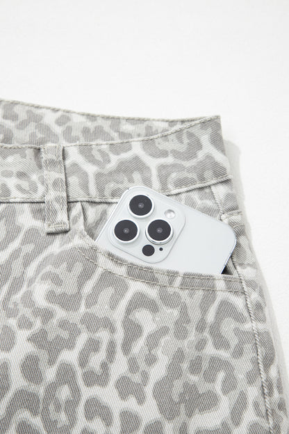 Sky Blue Leopard Frayed Edge Wide Leg High Waist Jeans
