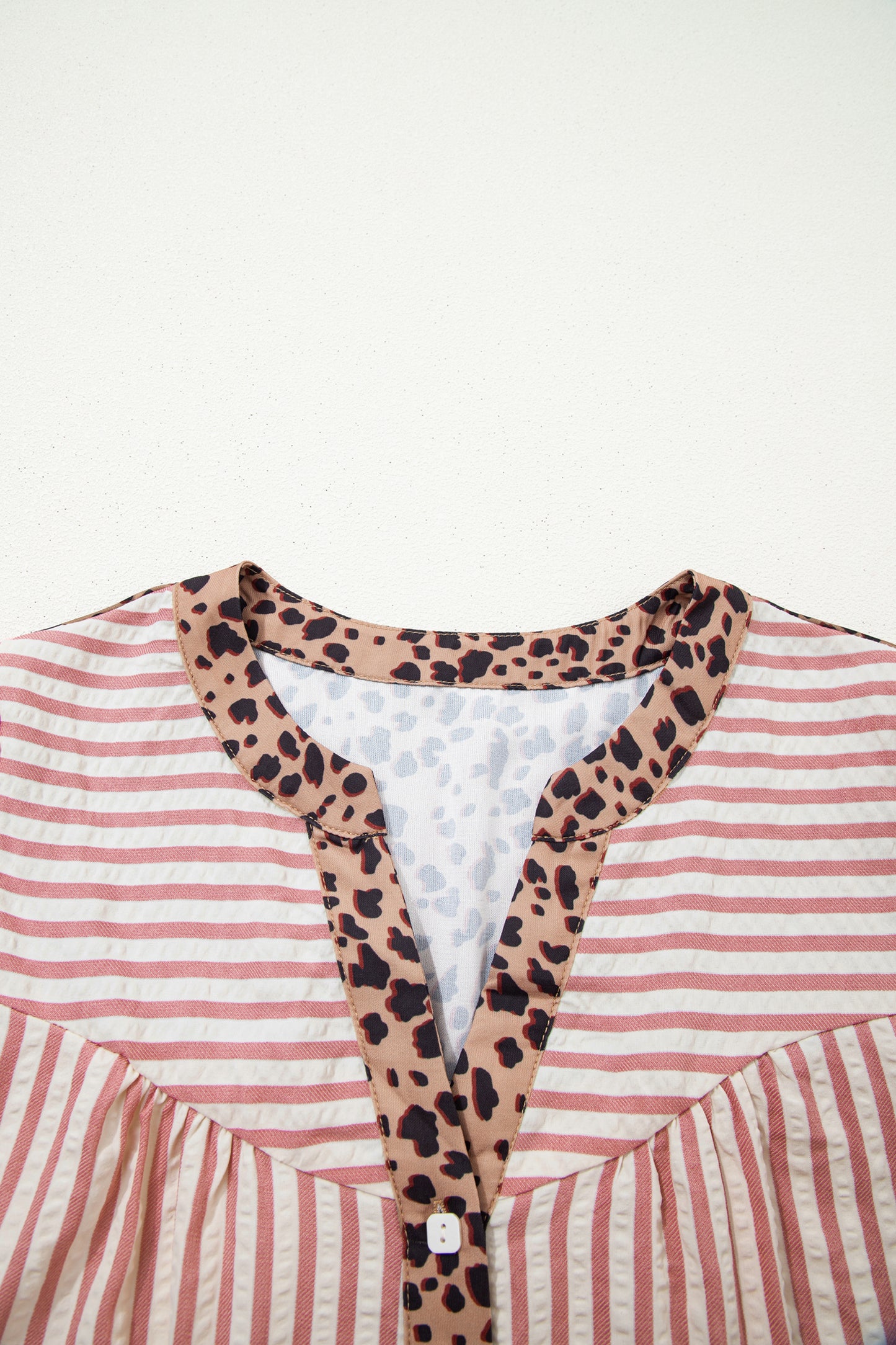 Pink Stripe Square Button Leopard Trim Loose Bracelet Sleeve Shirt Dress