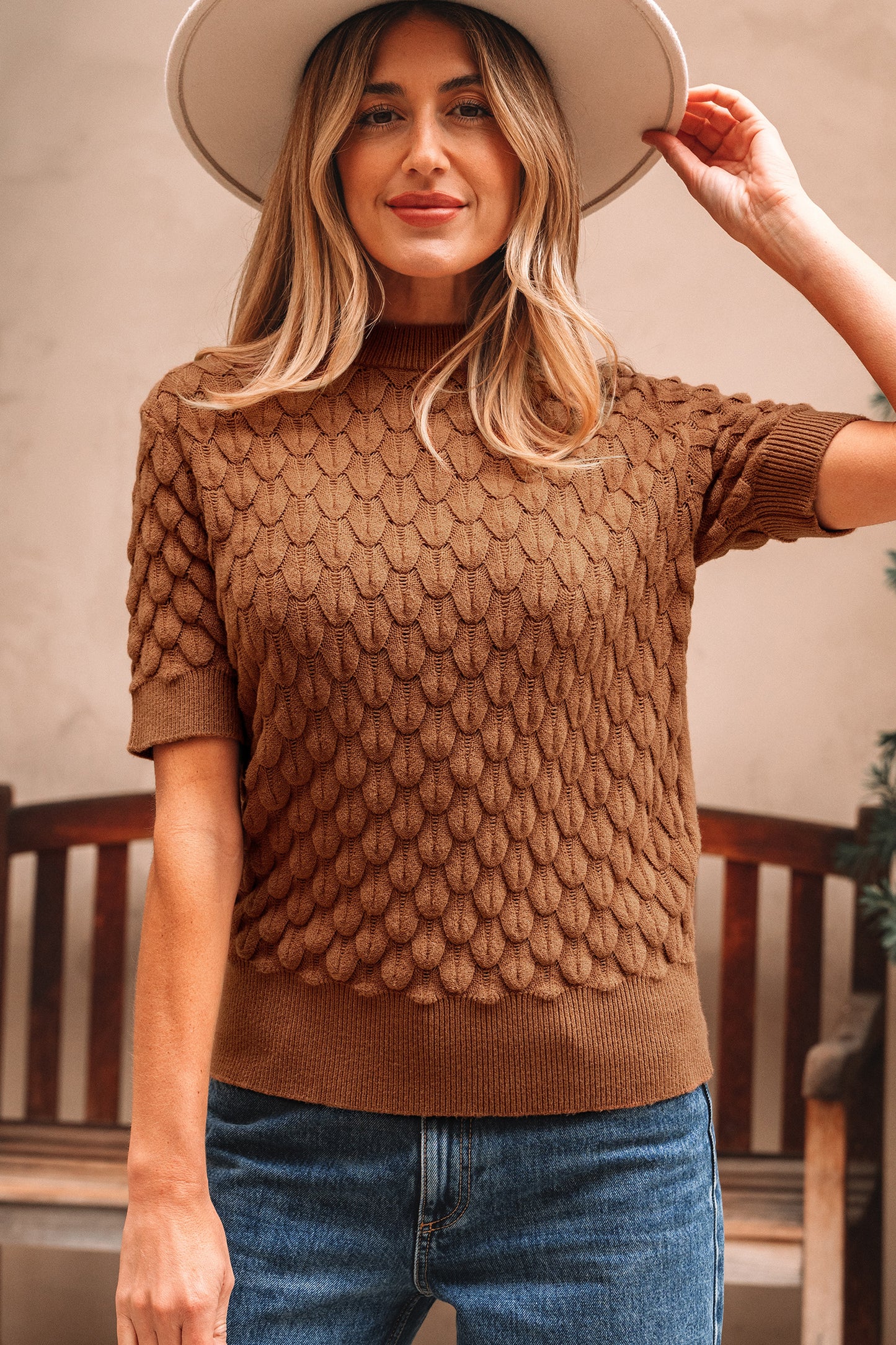 Straw Yellow Fish Scale Textured Knit Ribbed High Neck Short Sleeve Sweater