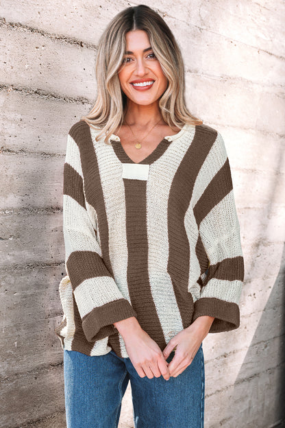 Red Stripe Colorblock V Neck Bracelet Sleeve Sweater