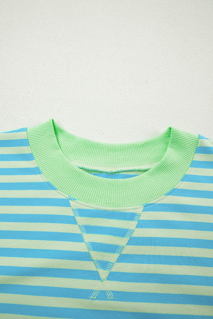 Pink Stripe Color Block Detail Long Sleeve Pullover Elastic Waist Pull On Shorts 2pcs Set
