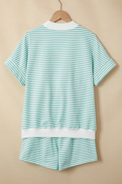 Green Stripe Cuffed Sleeve Contrast Mock Neck Tee Casual 2pcs Short Set