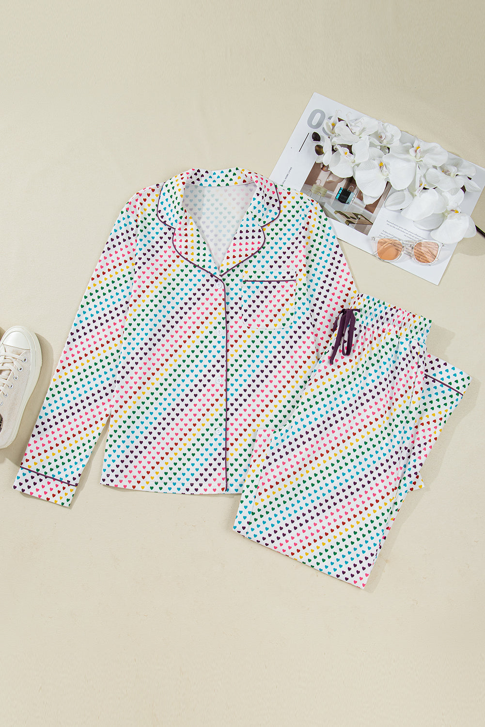 White Pride Heart Print Valentines Long 2pcs Pajama Set